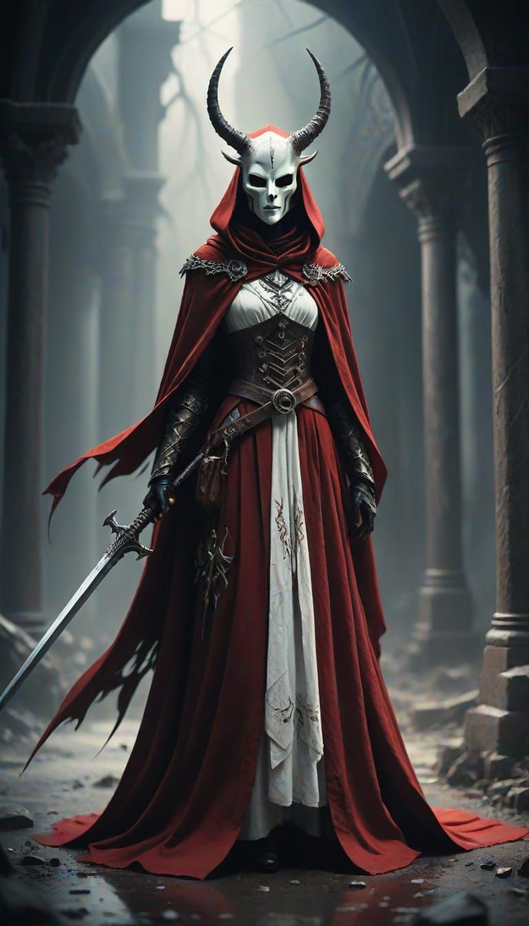 Dark Fantasy Figure in Crimson Cloak with Giant Blade