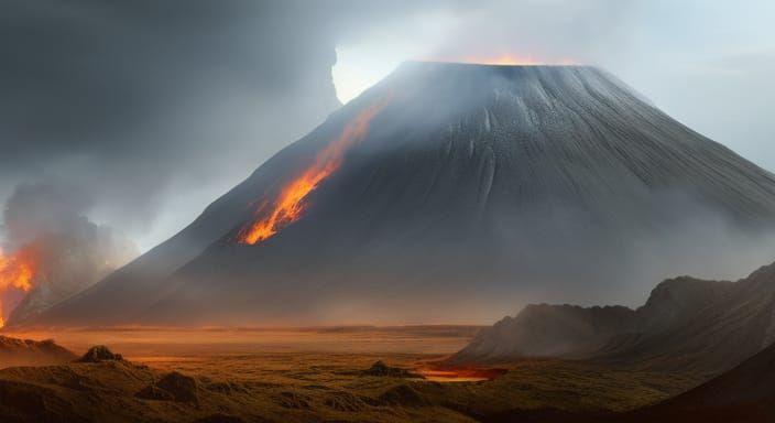 Burning Village Under Volcano in Digital Painting