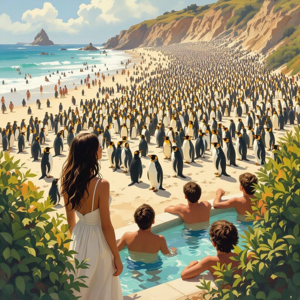Penguin Invasion on Beach: Hyperrealistic Cinematic Scene