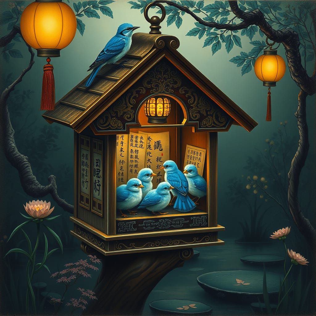 Asian Birdhouse with Bluebirds in Oil Painting Style