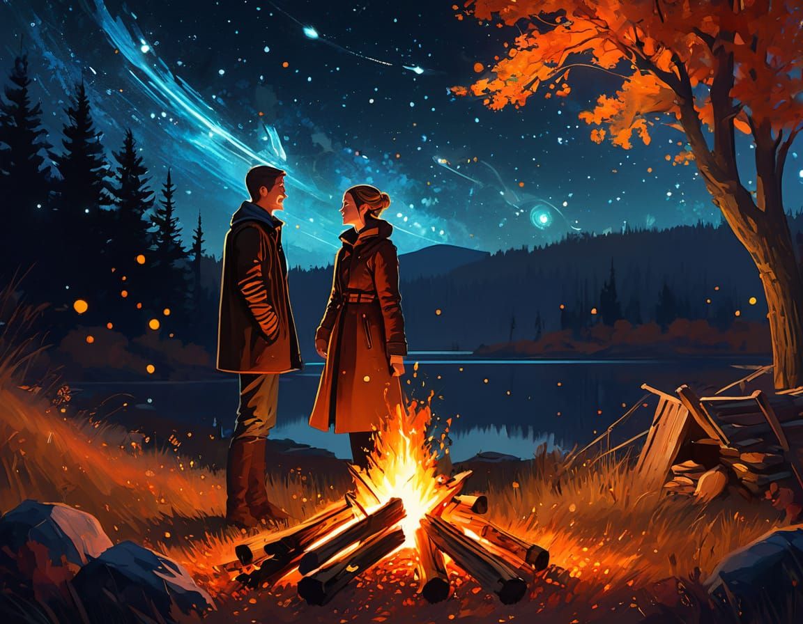 Romantic Autumn Bonfire Stargazing: Painterly Concept Art