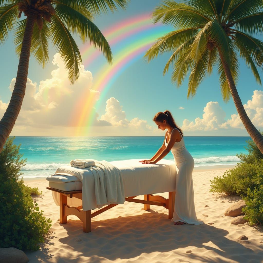 Beach Spa Massage Under Rainbow: Art Nouveau Style