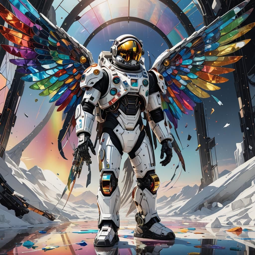 Biomechanical Astronaut with Rainbow Wings in Wasteland