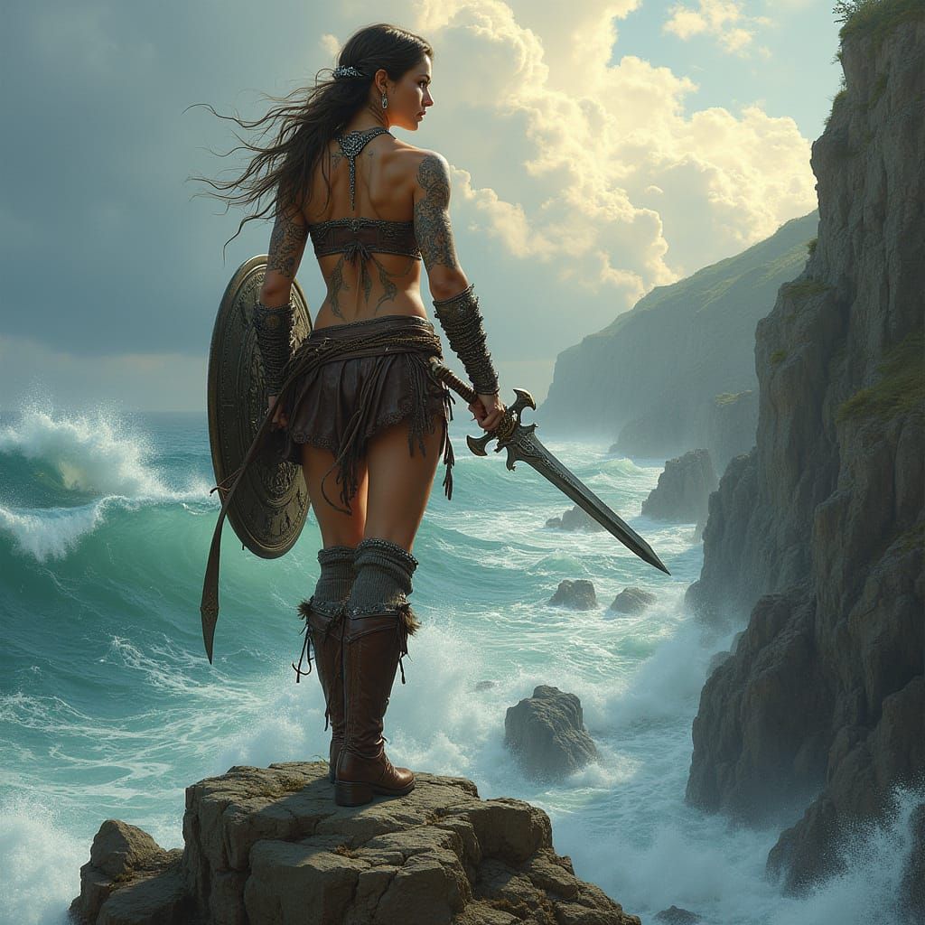 Celtic Warrior Queen on Windswept Cliff