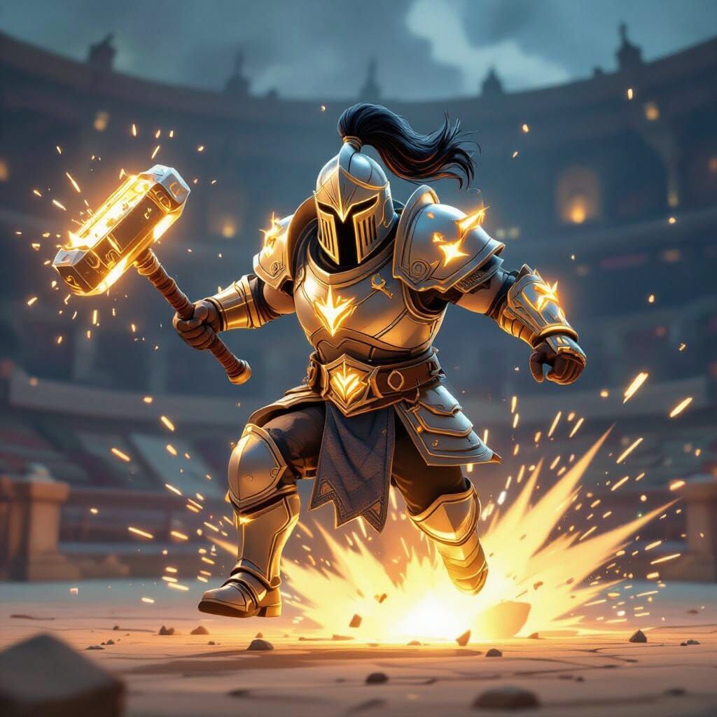 Warrior Lands in Arena, Ground Cracks, Shockwave Erupts