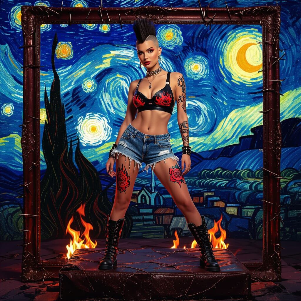 Fashionista on Charred Leather in Dystopian Realism Style