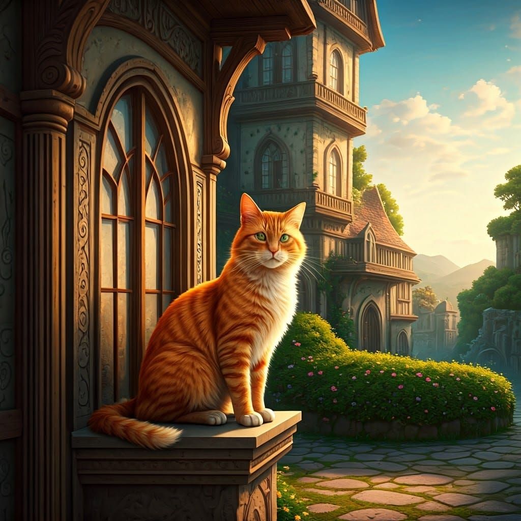 Majestic Ginger Cat Guards Whimsical Storybook House