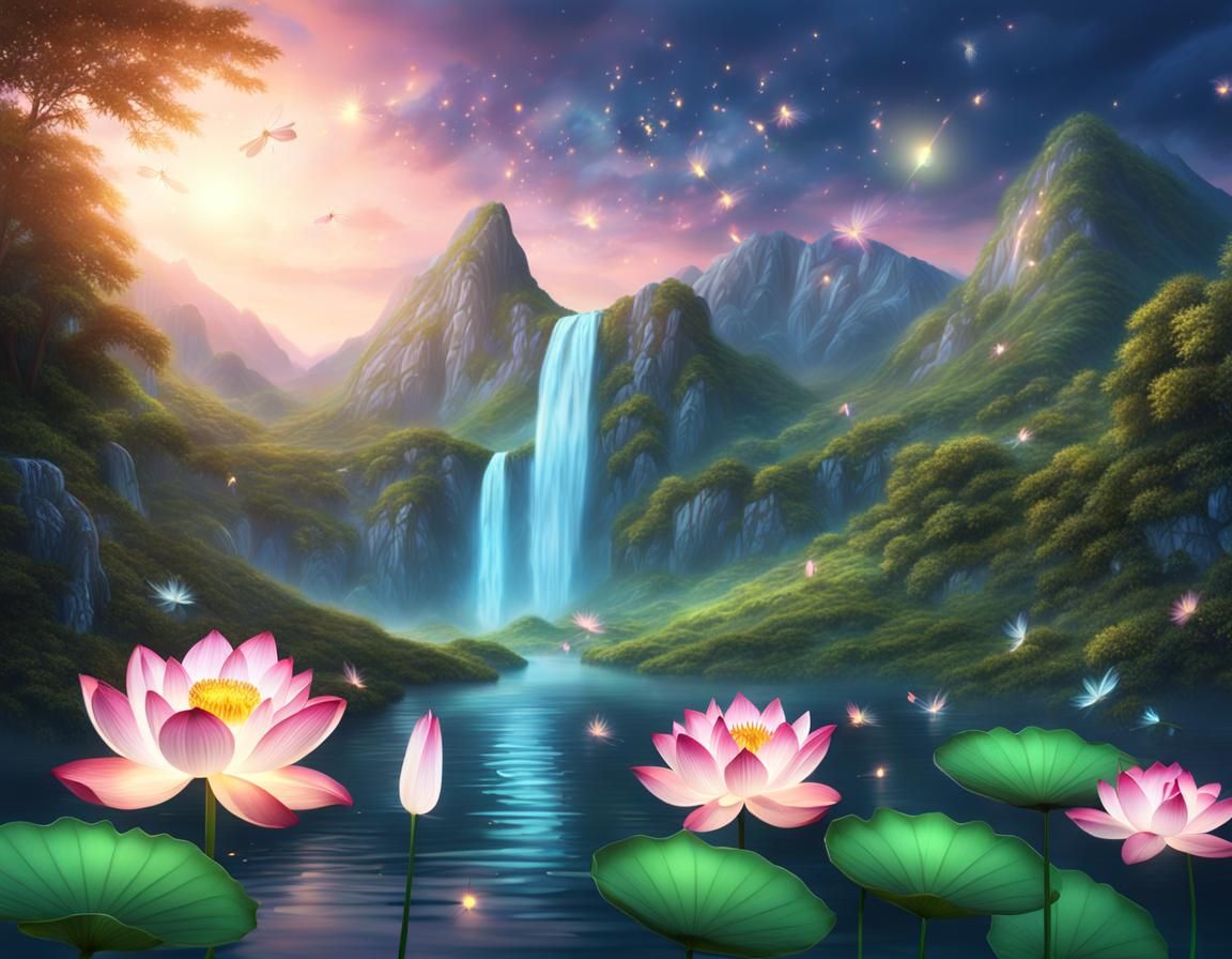 Mountain Lotus Pond with Fireflies in 3D