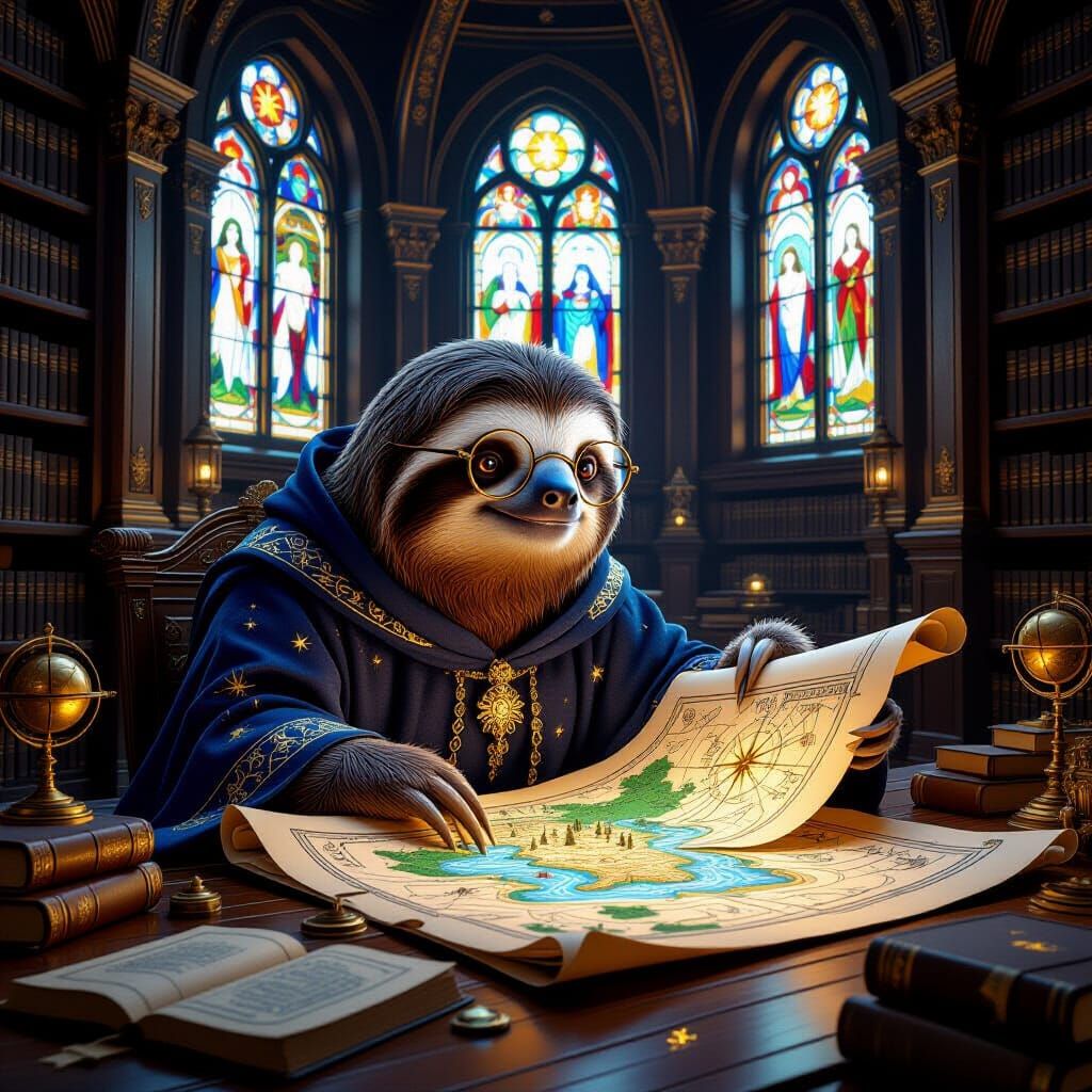 Fantasy Sloth Scholar in Magical Library