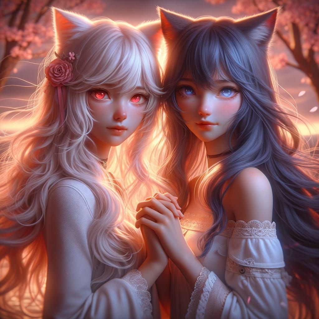 Two Young Girls in Tender Bond, with Fantasy Elements and Hy...