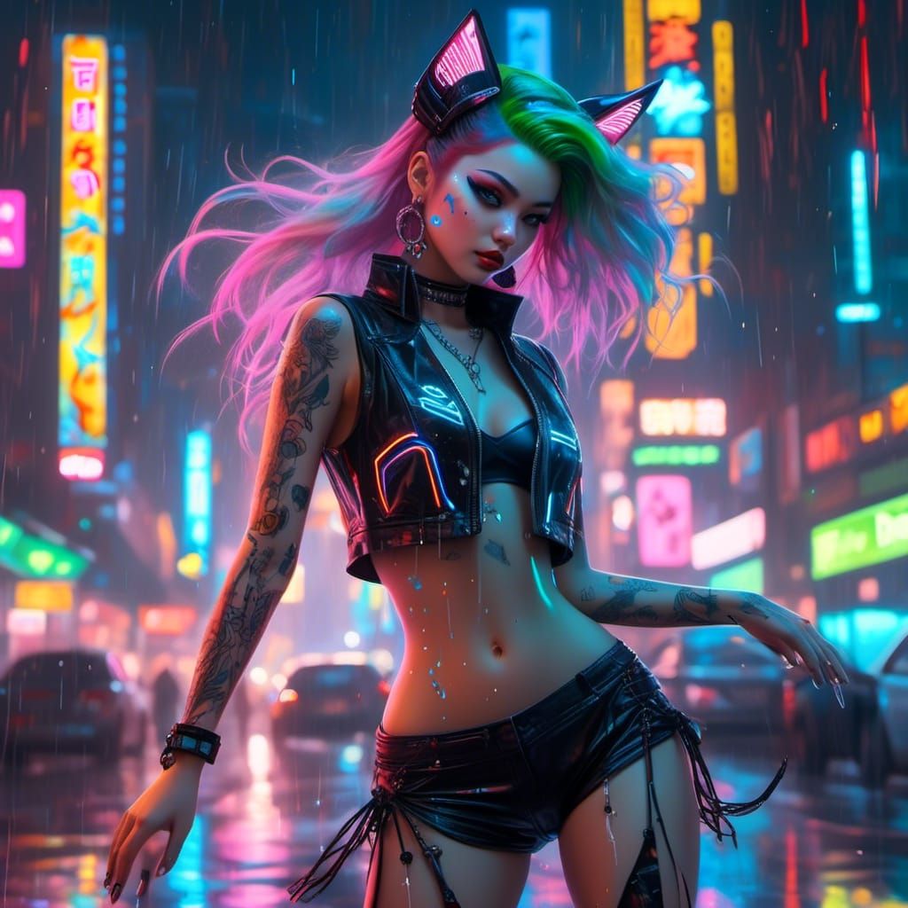 Neon Cyberpunk Anime Woman Dancing in the Rain