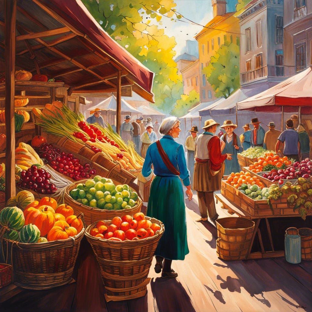 Vibrant Farmers Market Scene in Gouache and Watercolour
