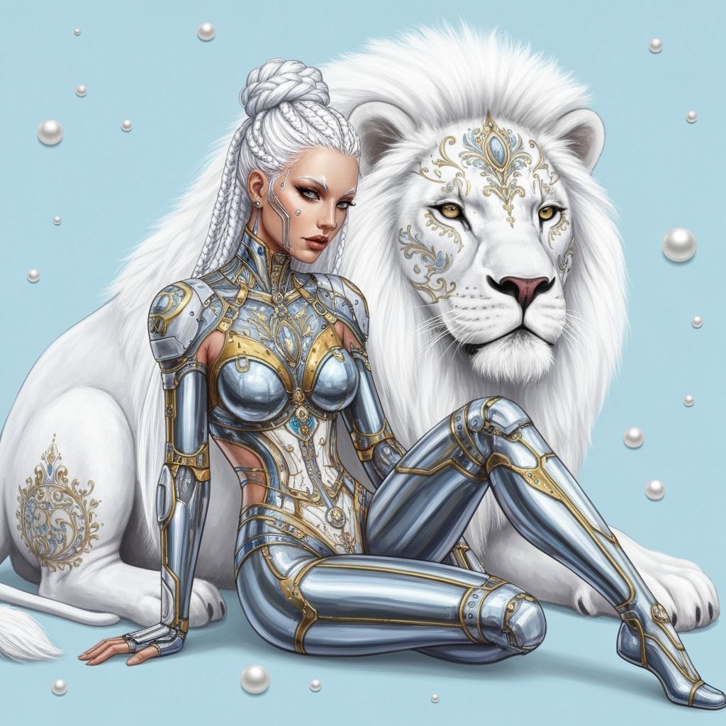 Futuristic Woman and Lion in Cyberpunk Style