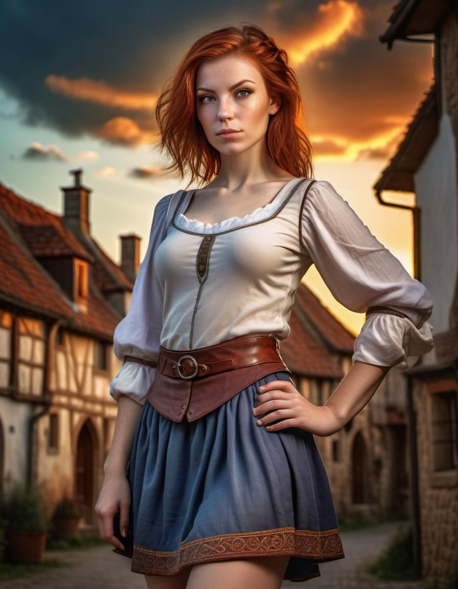 Auburn Woman in Medieval Village, Photorealistic Portrait