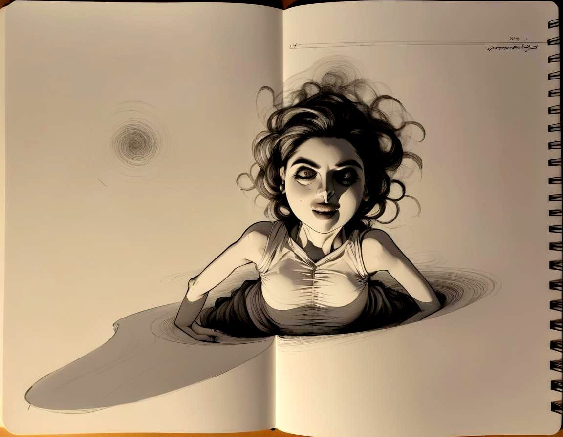 Woman Floats Upside Down in 3D Comic Sketch