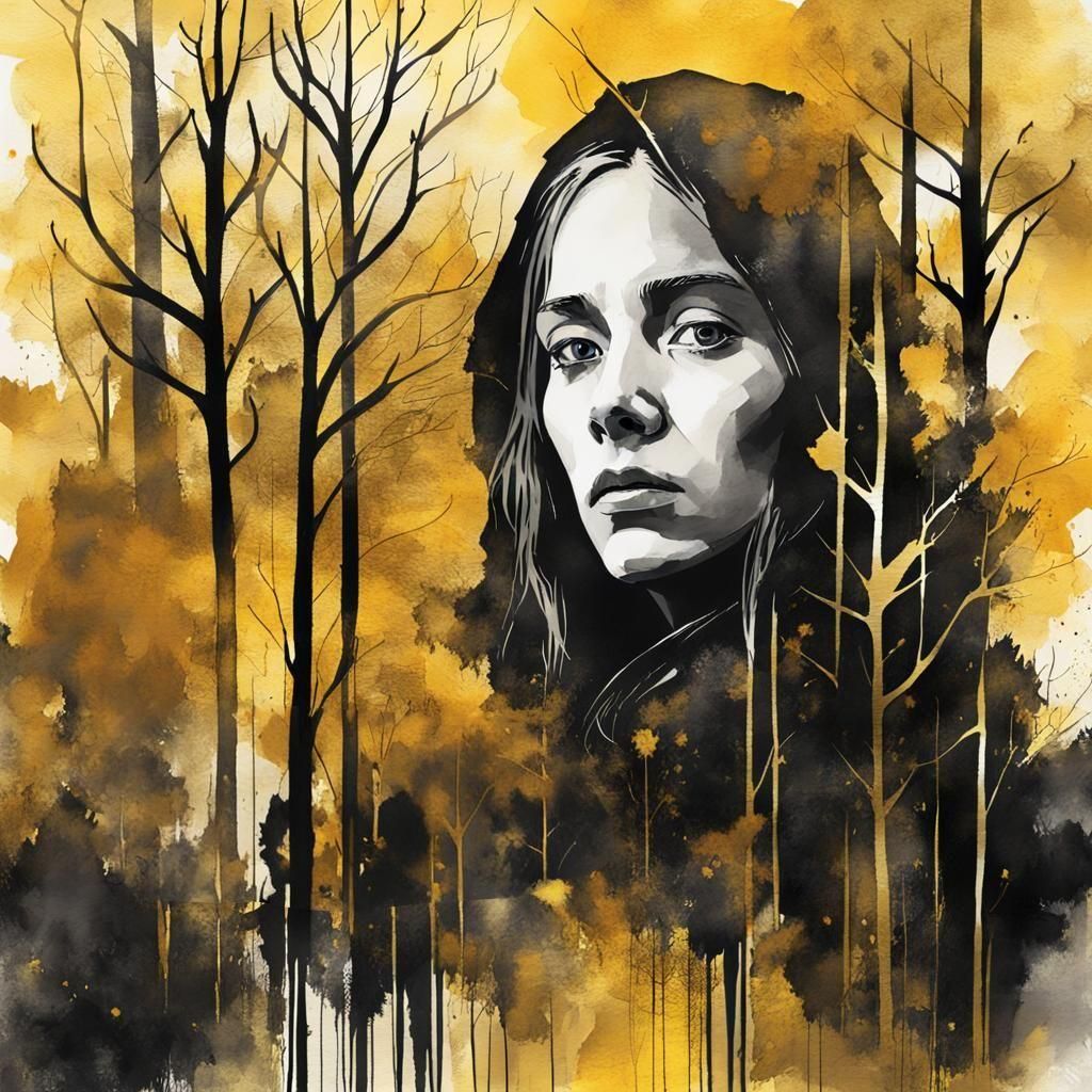 Moody Watercolour Portrait with Crows and Gold Lines
