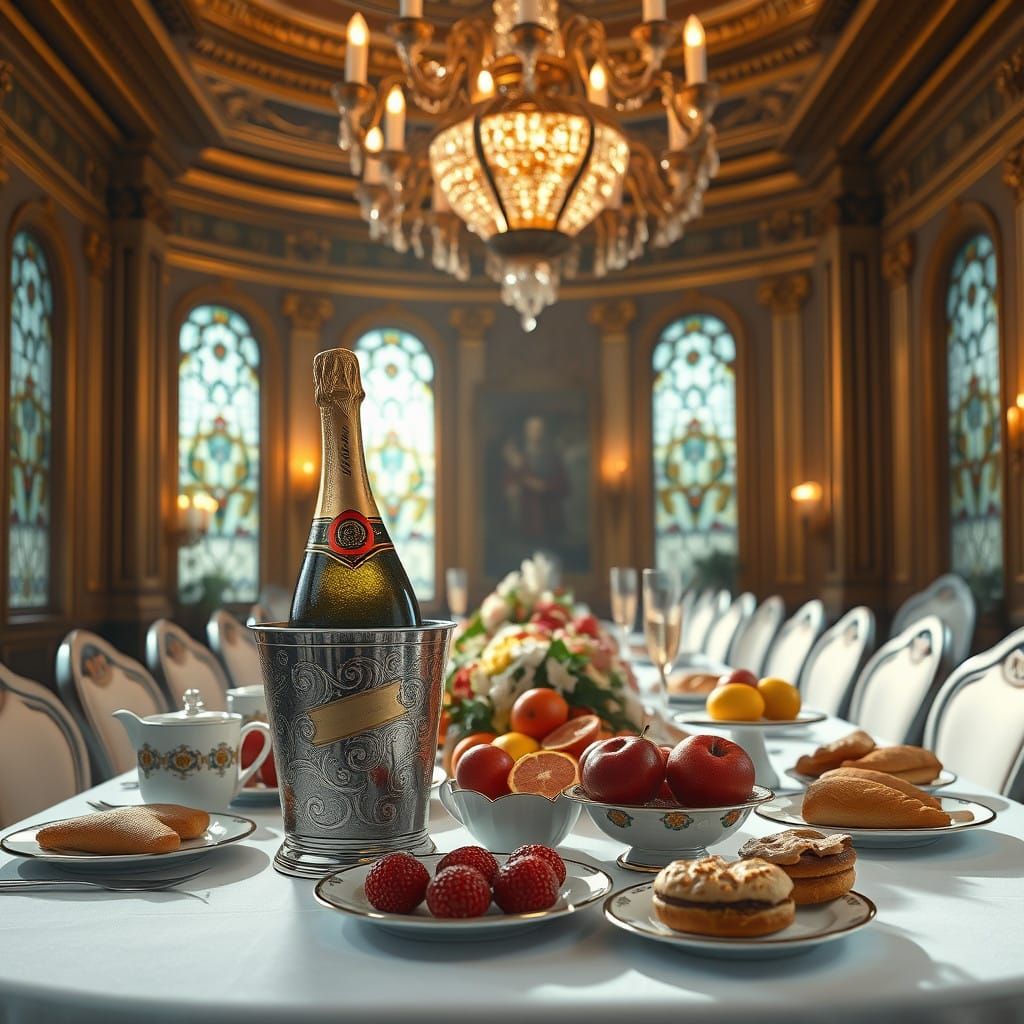 Luxurious Breakfast Hall with Golden Accents and Champagne