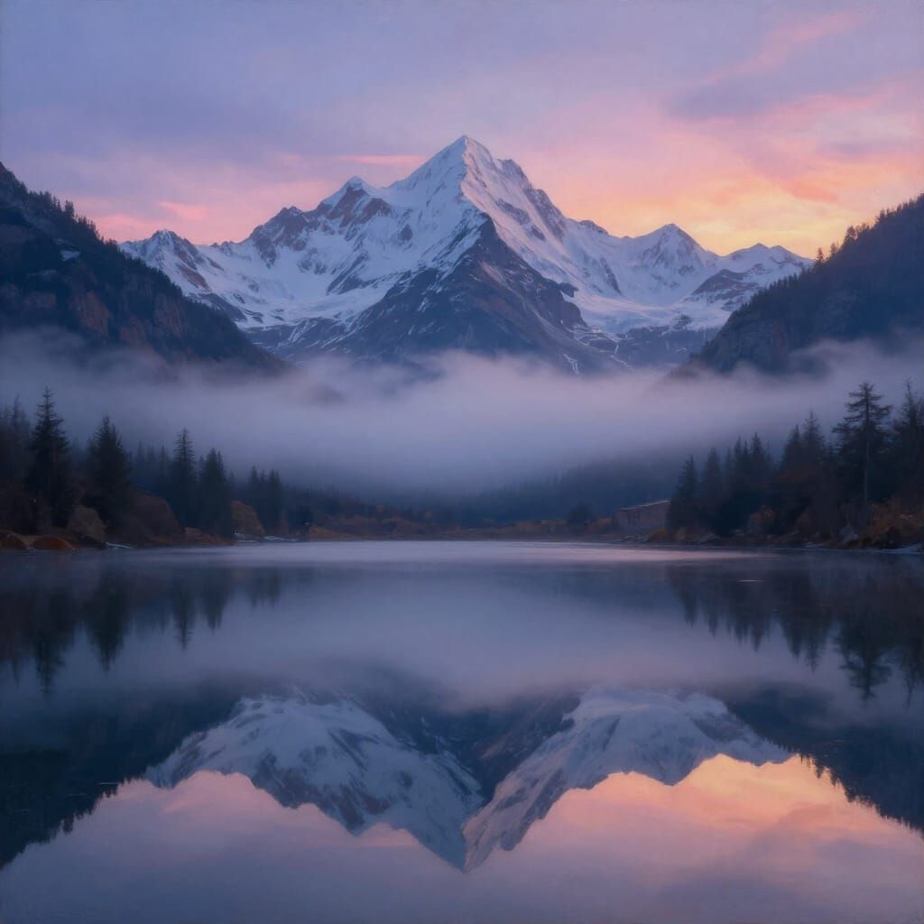 Majestic Mountain Lake at Dawn in Bierstadt Style