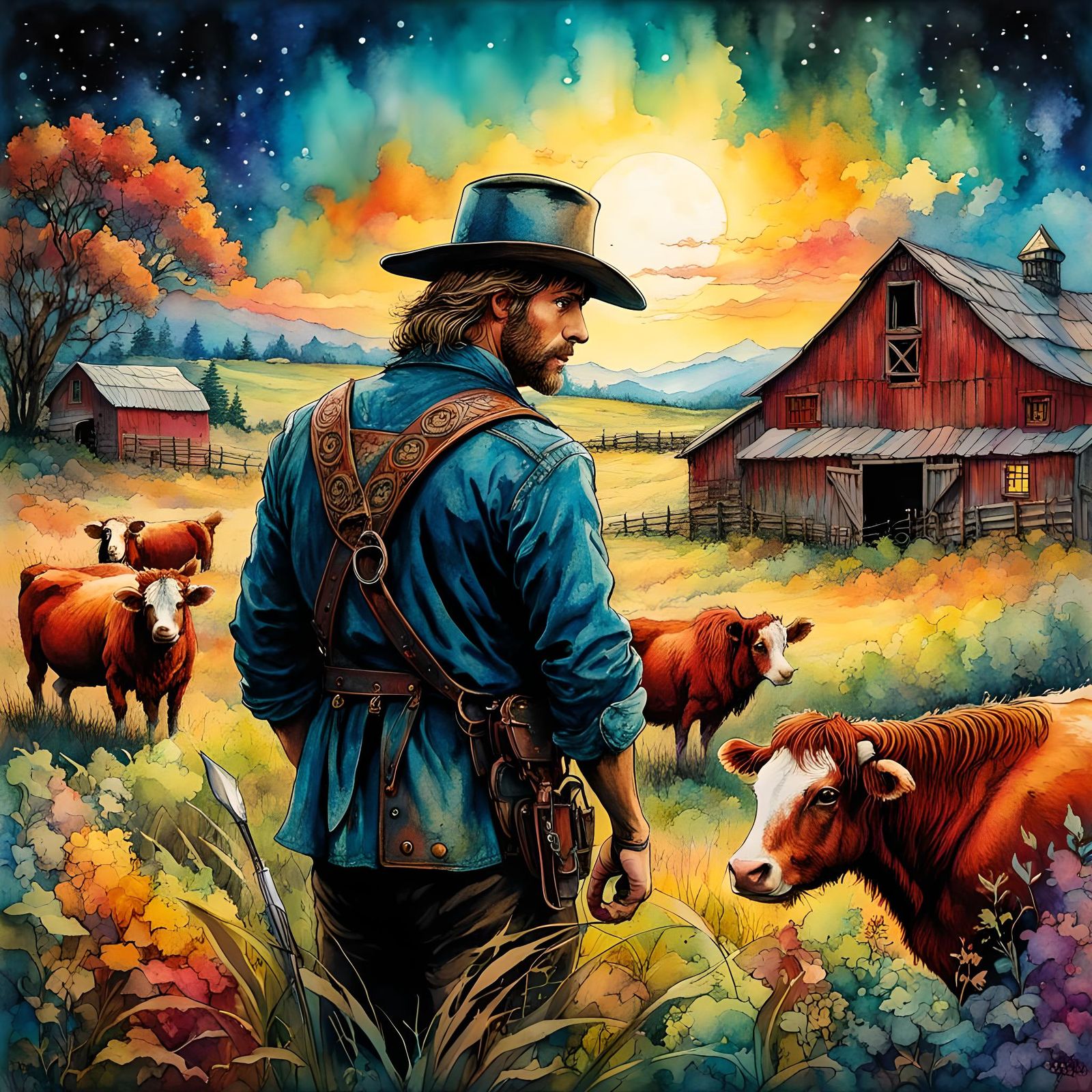 Barnyard Barney: Retro Aetherpunk Watercolor Illustration