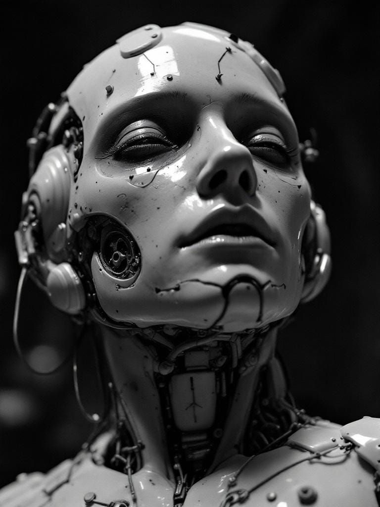 Robotic Head on Human Body in Gritty Soviet Photo Style