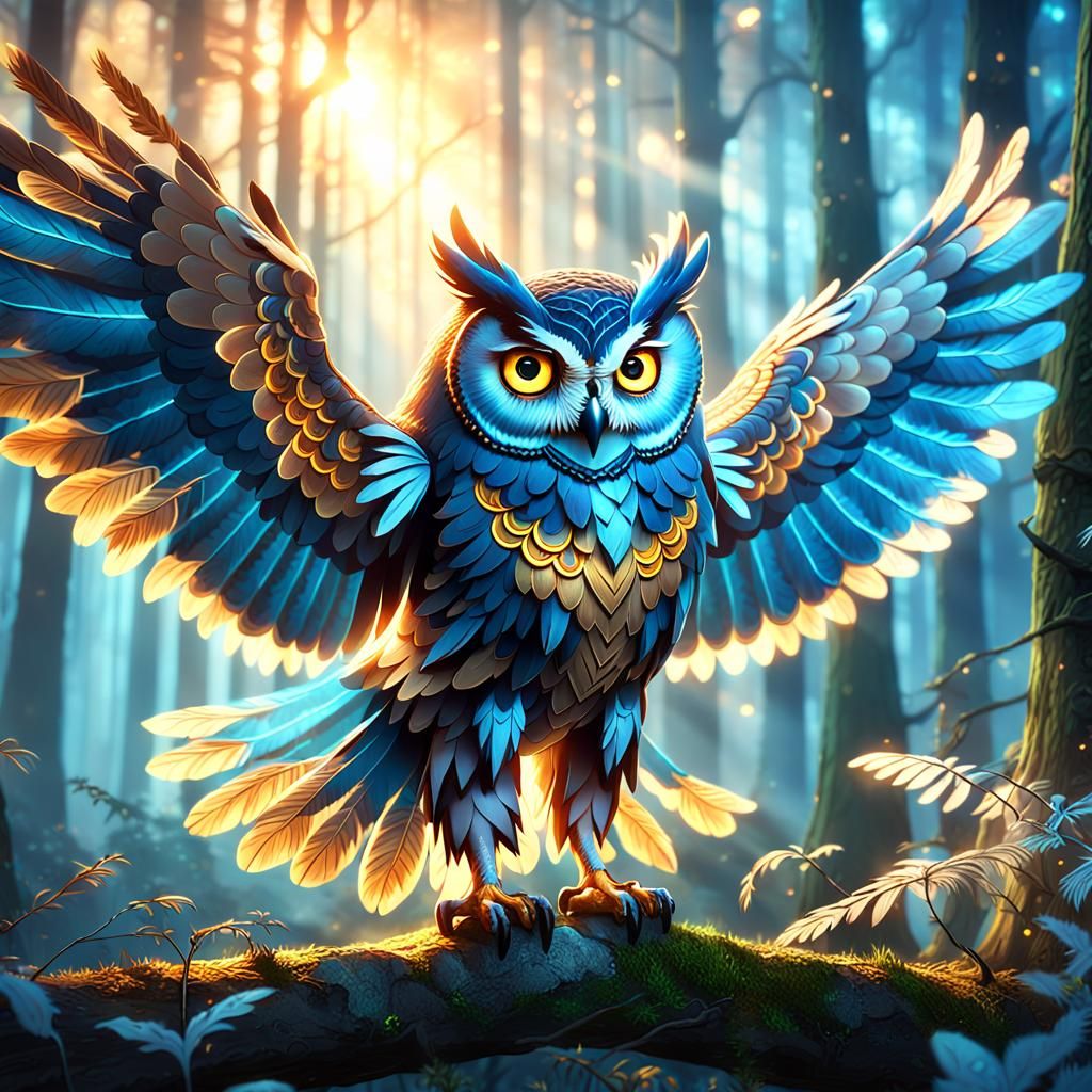Mythical Owl Spreads Wings in Mystical Forest