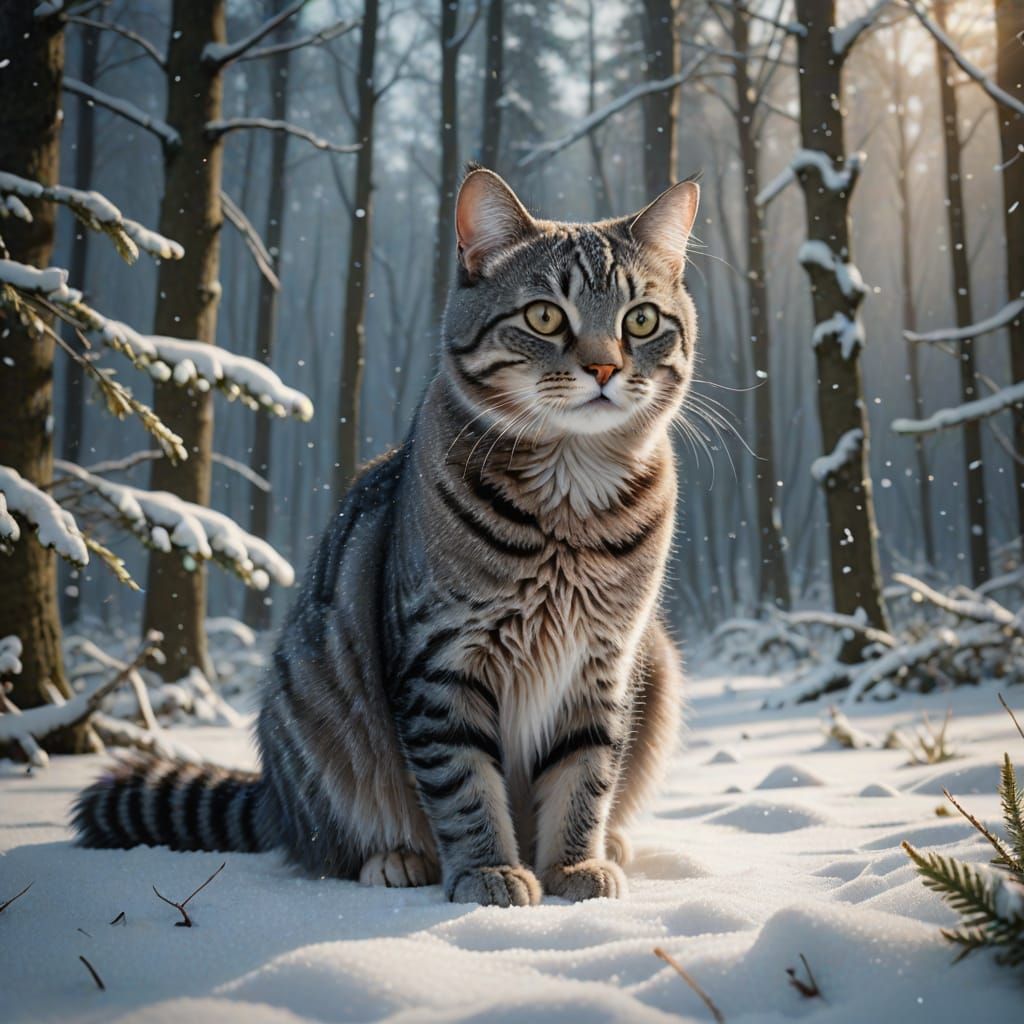 Serene Winter Forest Cat with Bird