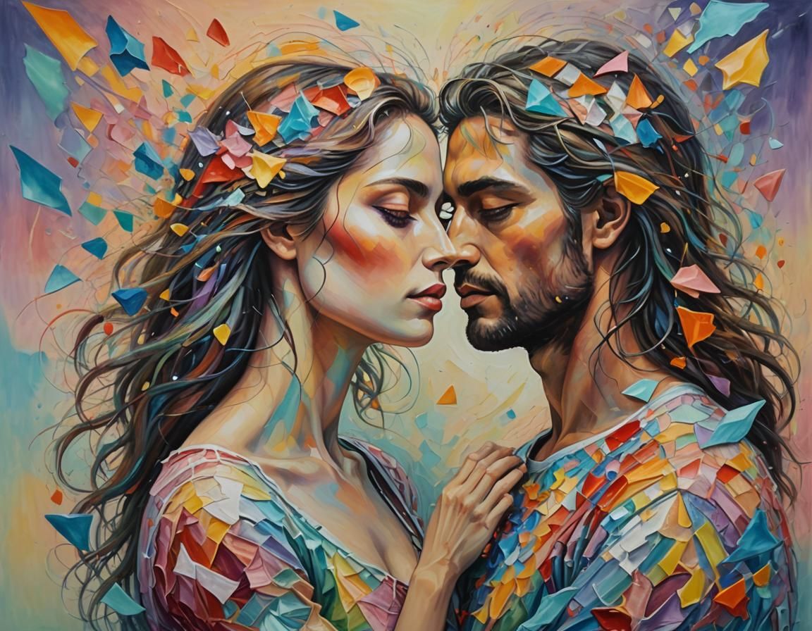 Romantic Surrealism: Couple's Embrace in Psychedelic Oil Pai...