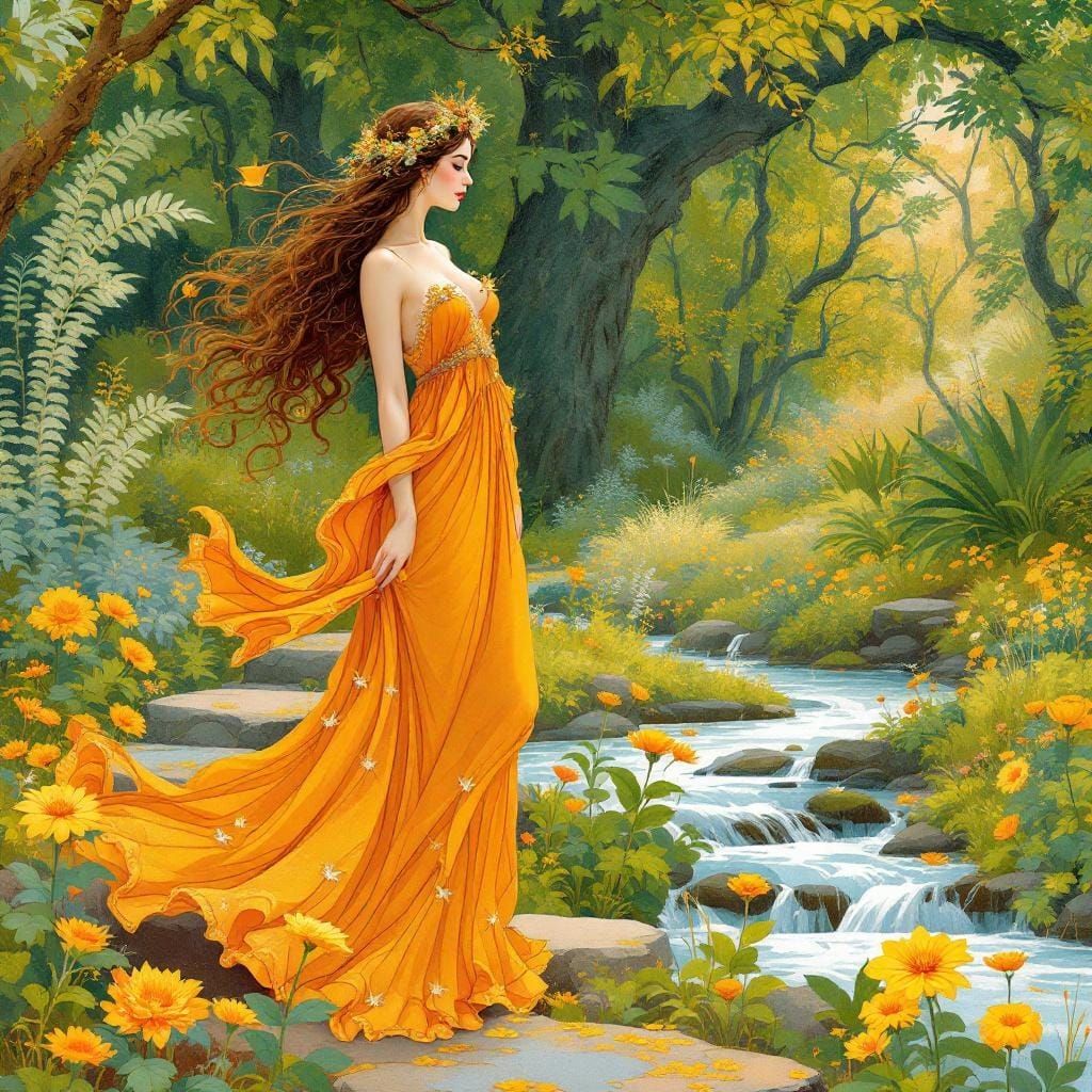 Aphrodite in Forest, Art Nouveau Style