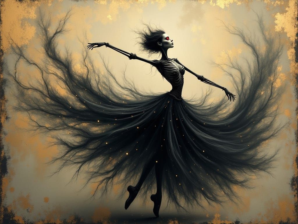 Golden Skeleton Ballerina's Ethereal Dance in Gold Dust