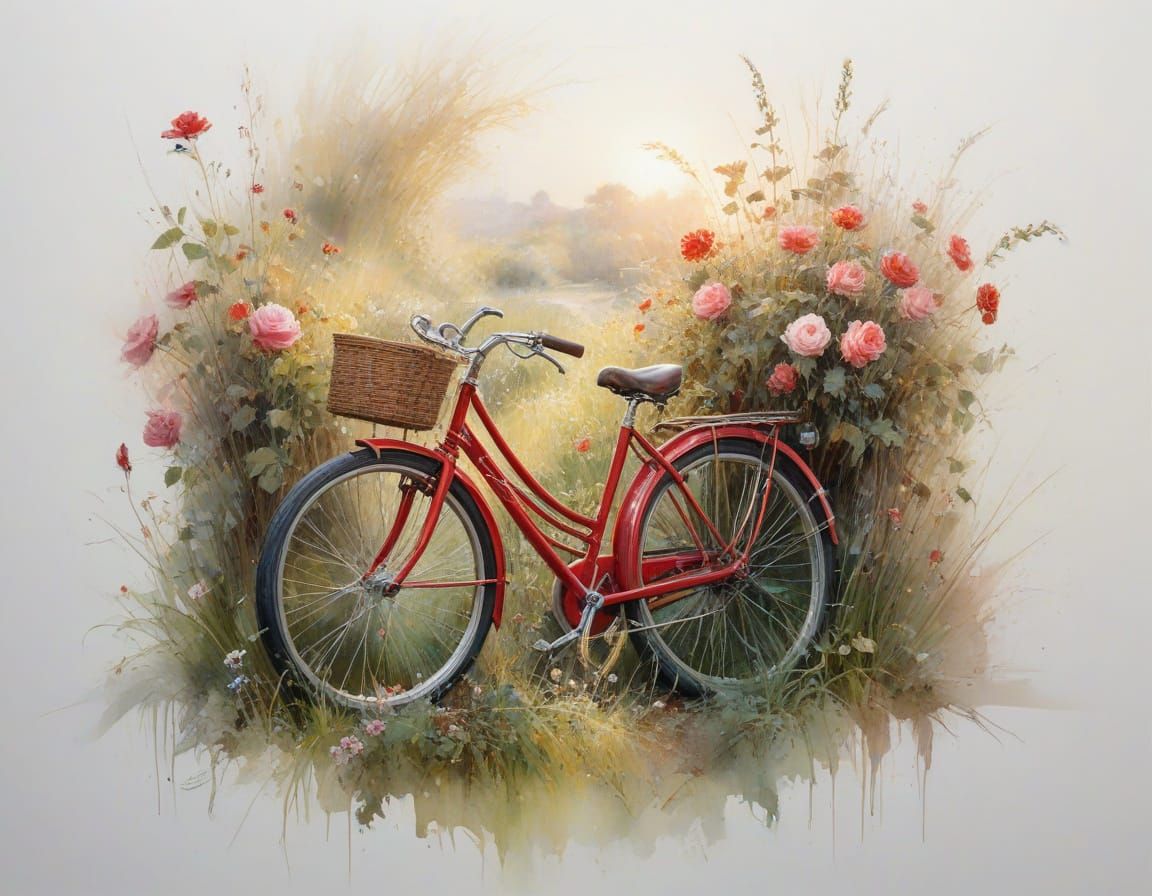 Vintage Red Bicycle in Dewy Meadow at Sunrise