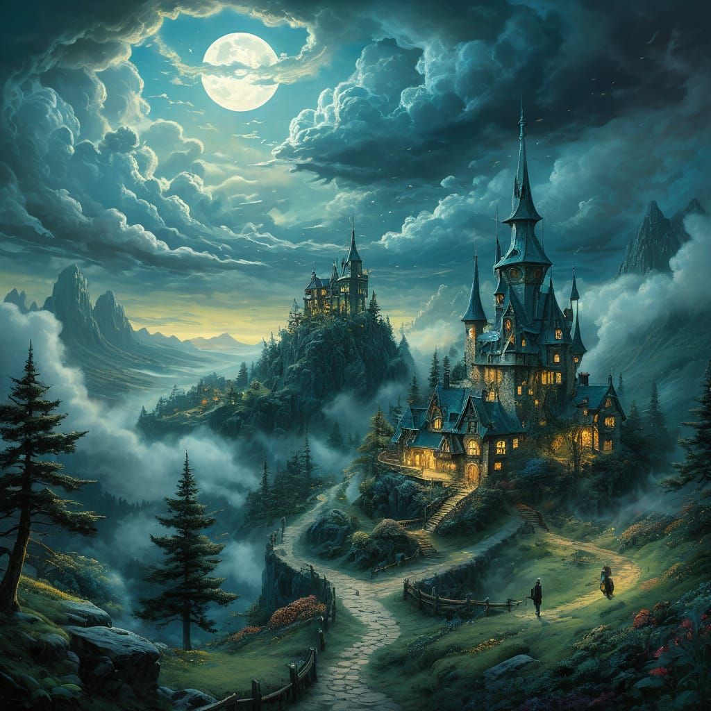 Whimsical Witch Soars Across Dreamlike Landscape