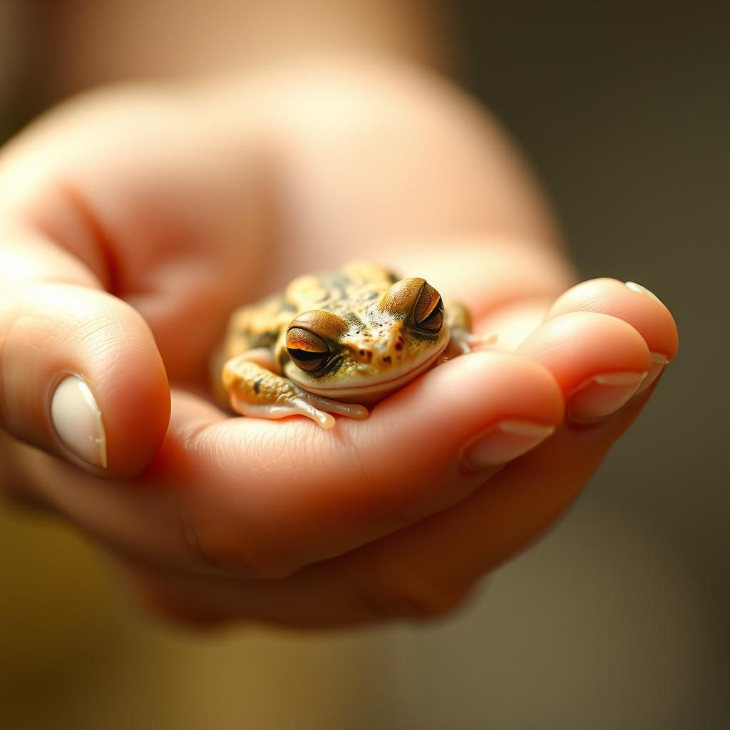 Tiny Frog Sleeping in Child's Hand: Macro Photography