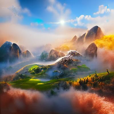 Misty Mountain Landscape with Sunshine in Fantasy Style