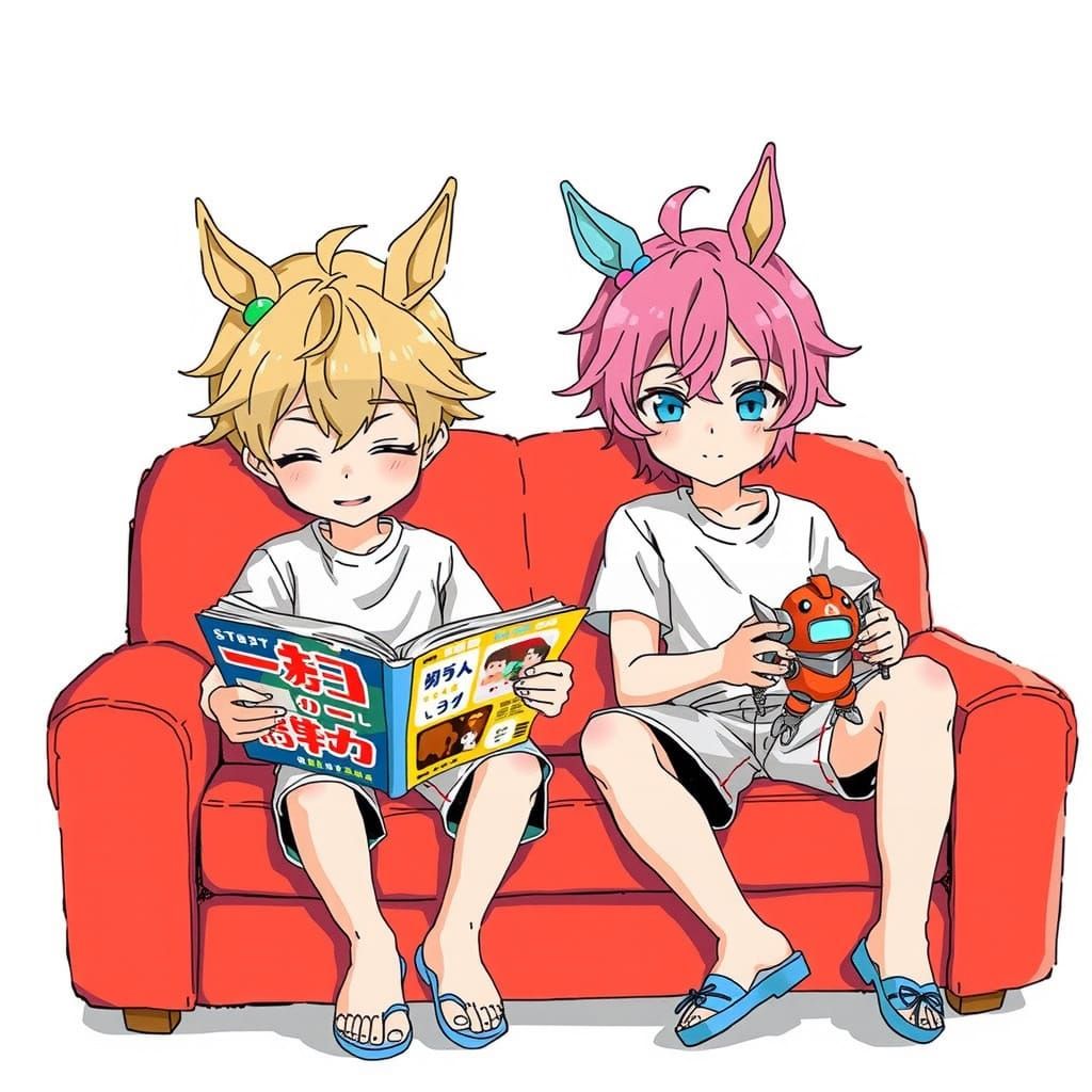 Adorable Anime Boys with Horse Ears Enjoy Summer Fun