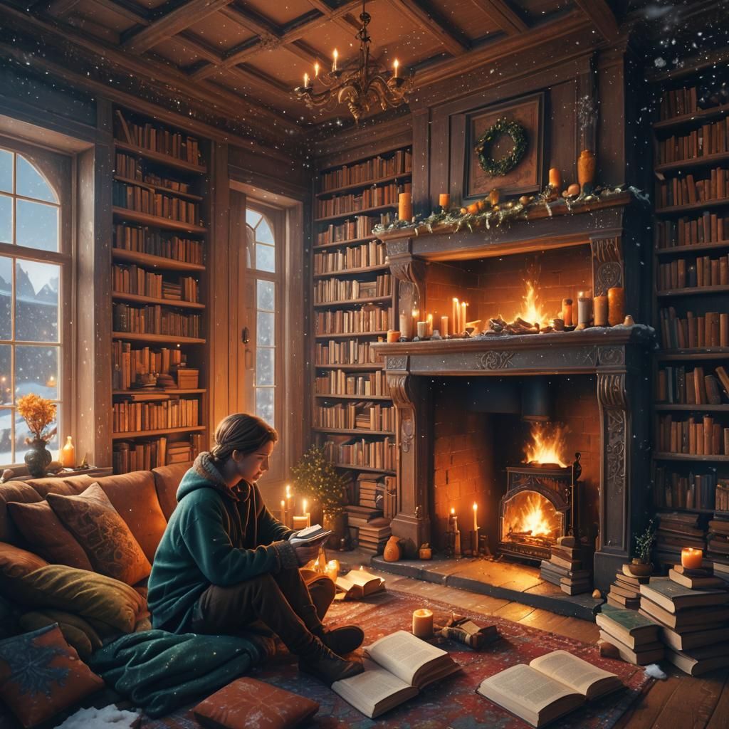 Cozy Fireplace Scene in a Snow Covered Village