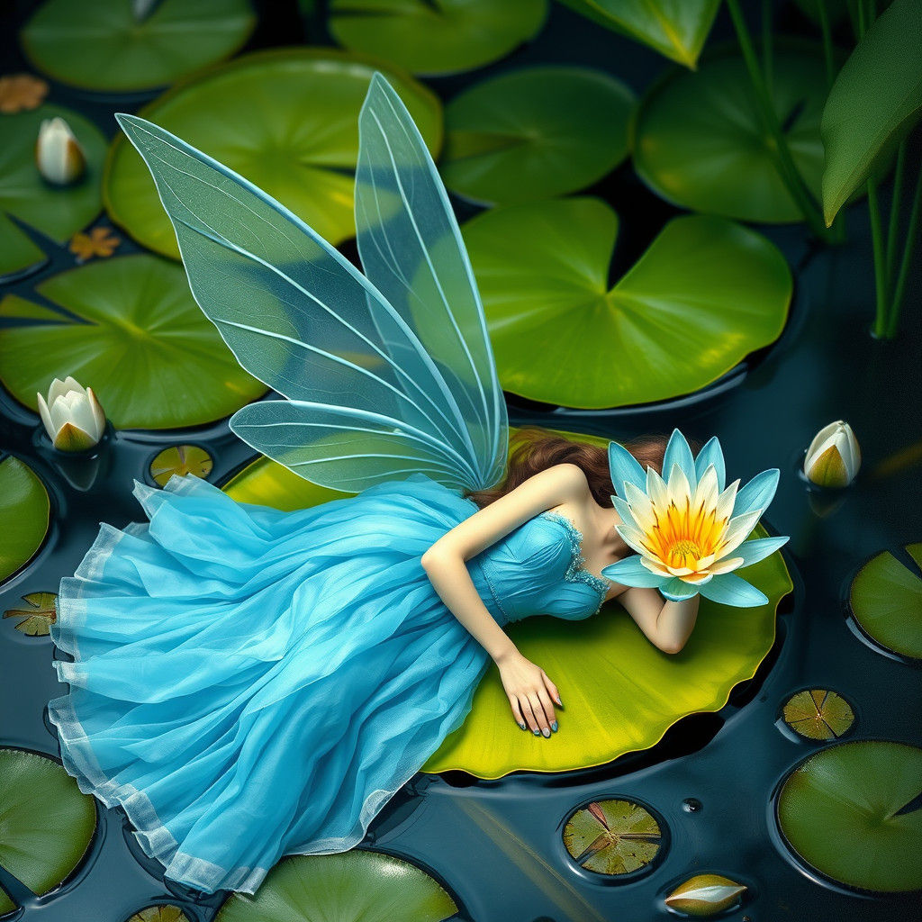 Blue Nymph Asleep on Lily Pad in Storybook Style