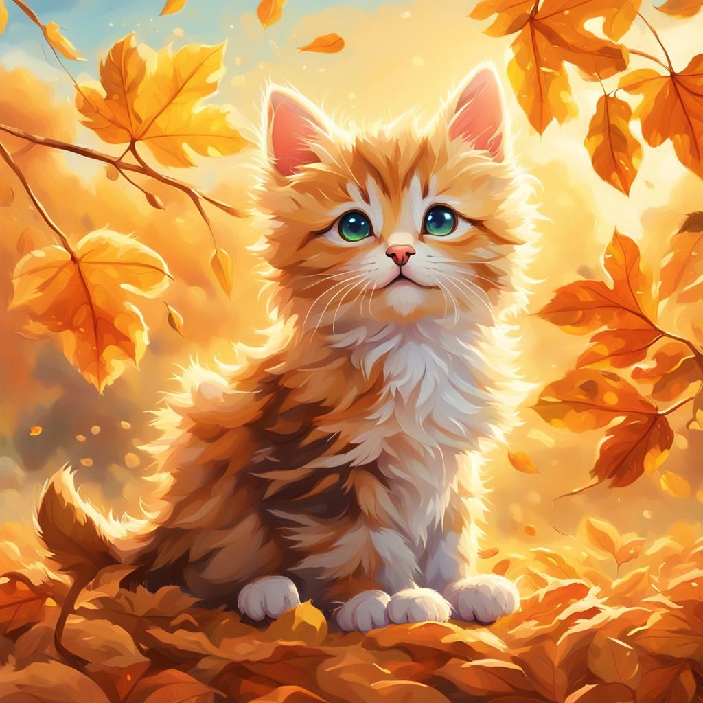 Cute Kitten in Sunny Autumn Landscape Digital Art