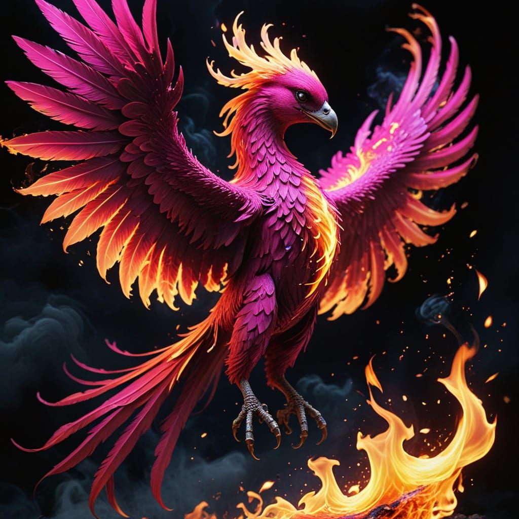 Surreal Hot Pink Phoenix Rises from Fiery Flames