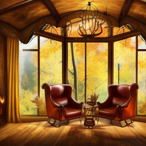 Cozy Library Overlooking Autumn Woods