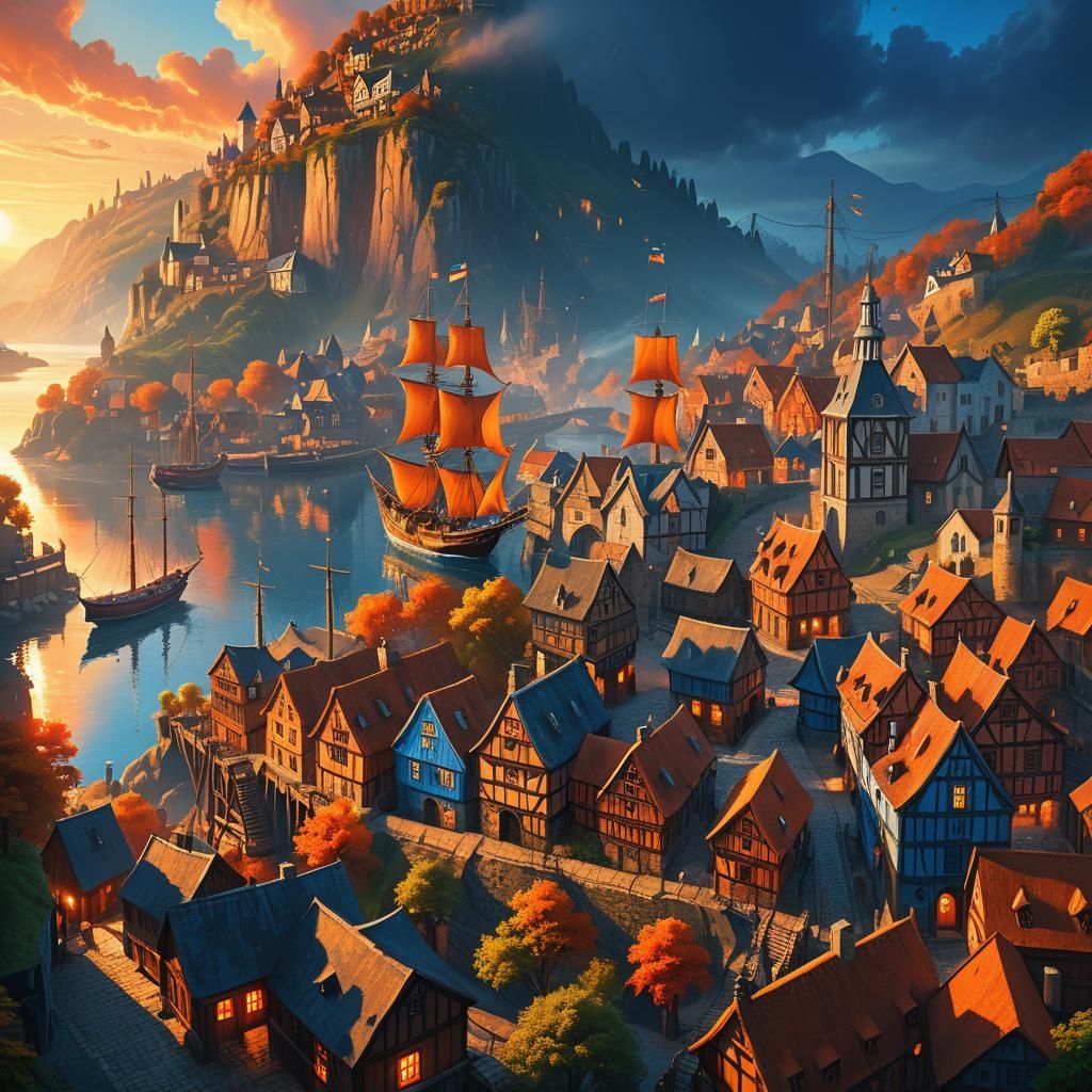 Medieval village on hillside overlooking river port with clipper style ships, sun setting, detailed matte painting, deep...