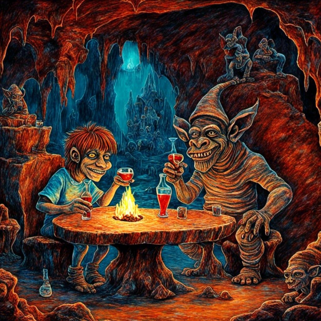 Cyclops and Troll in Cave, Van Gogh Style