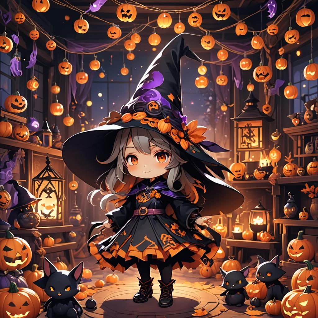 Chibi Witch Surrounded by Halloween Decorations