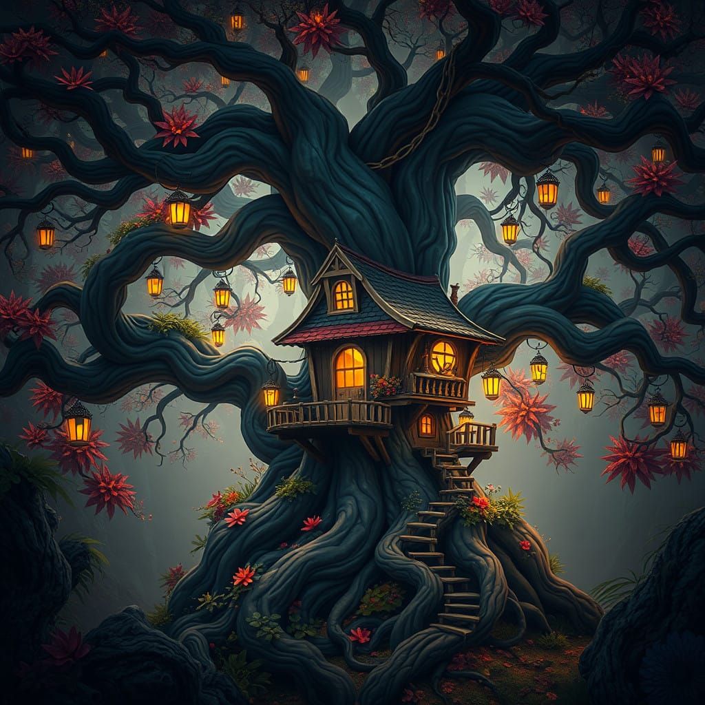 Enchanted Treehouse in Vibrant Fantasy Landscape