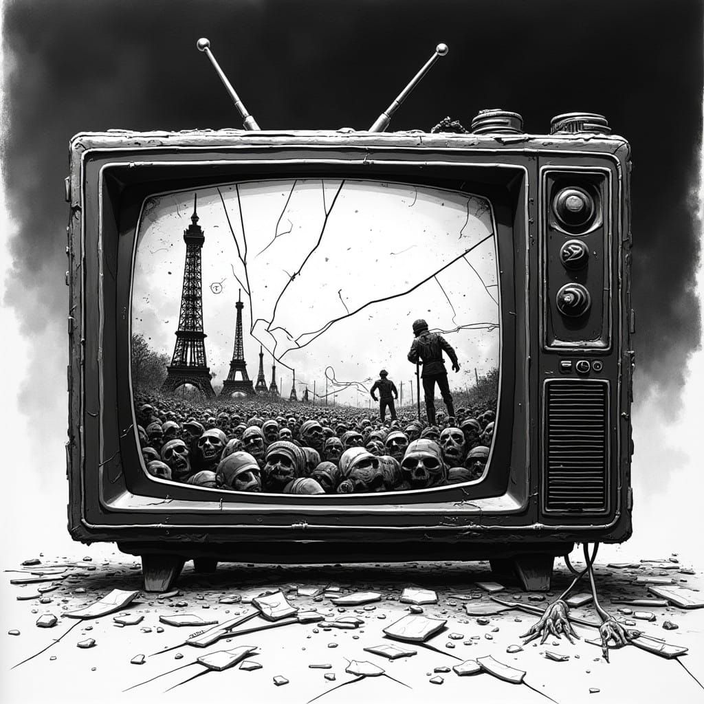 Distressed TV Displays Chaotic News in Classic Cartoon Style