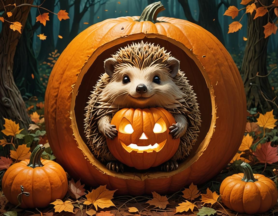 Hedgehog Carving a Jack-o'-Lantern in Autumn Forest