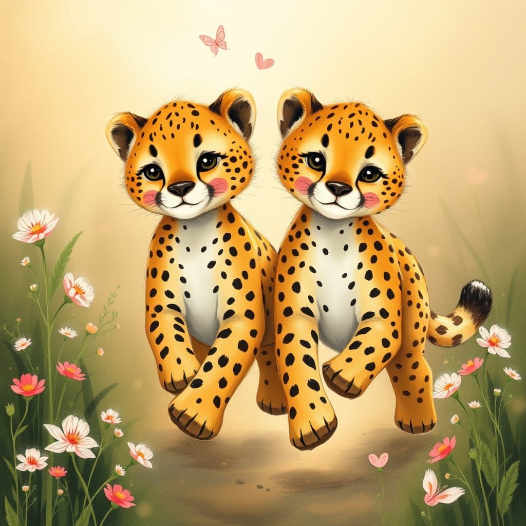 Cute Cheetahs Run Together in Whimsical Storybook Style