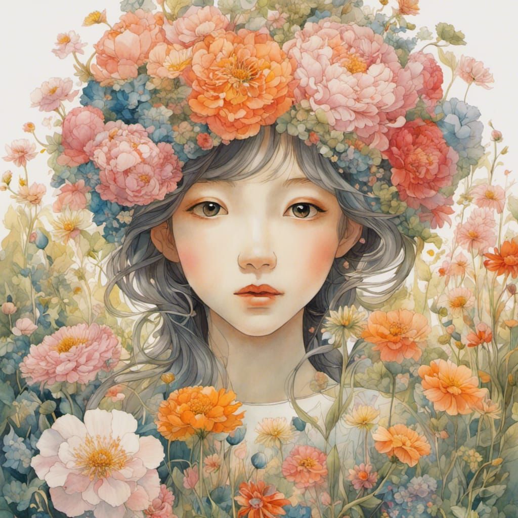 Beautiful Floral Girl in Flower Field, Watercolor Art