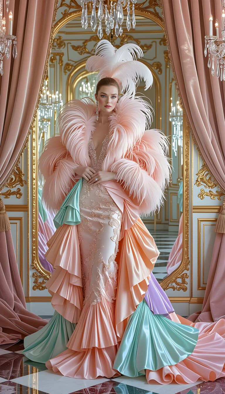 Surreal Lady in Feather Coat, Rococo Style