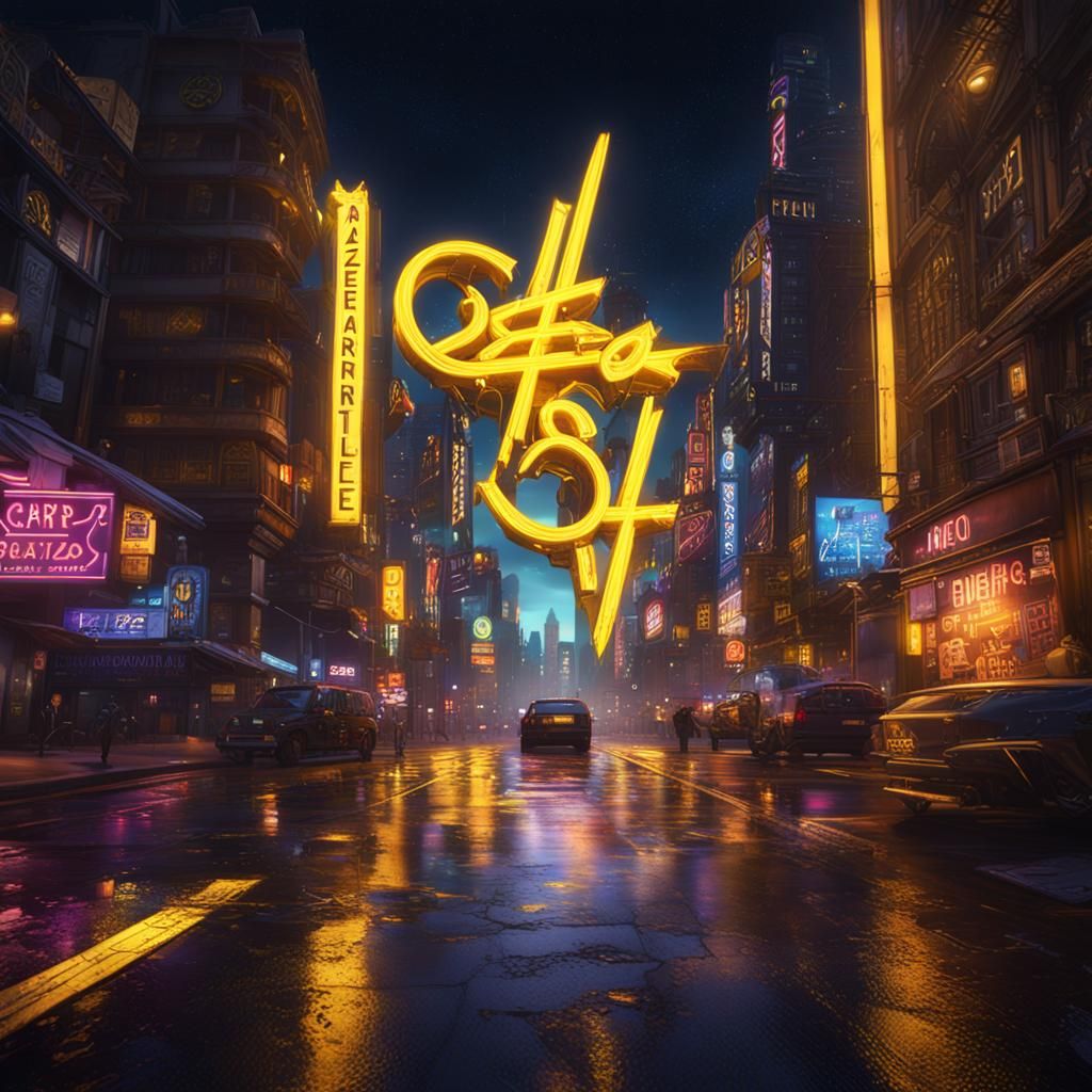 SezarNet in Neon Against Cityscape, Digital Art
