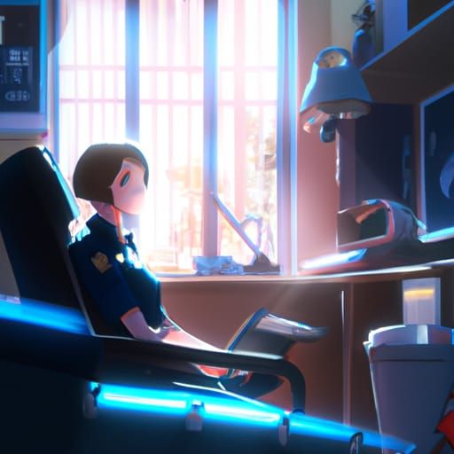 Female Cop in Dentist Chair: Studio Ghibli Style